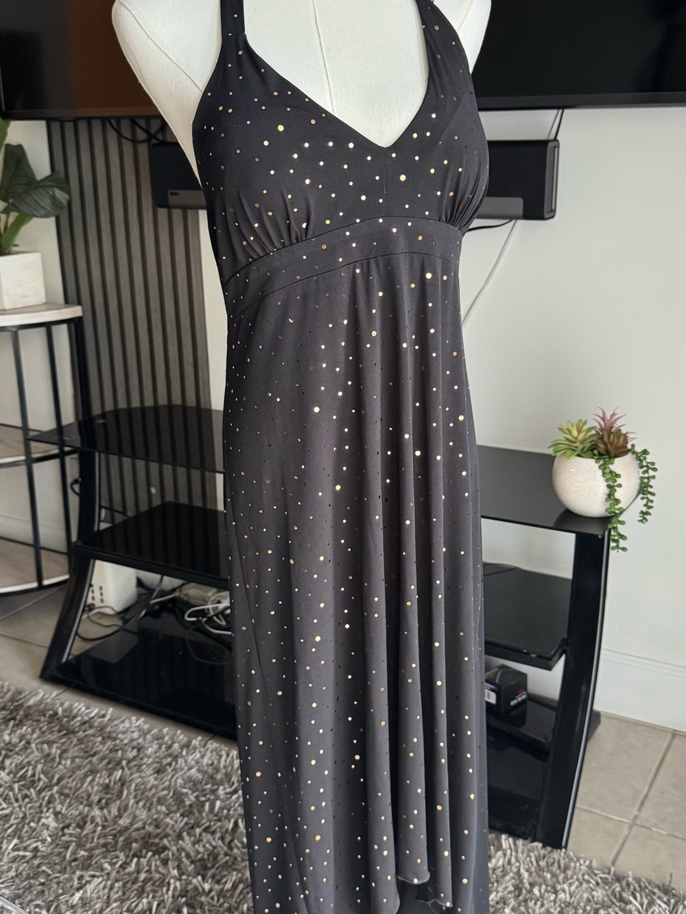 Black Halter Maxi Dress with Gold Dot Print